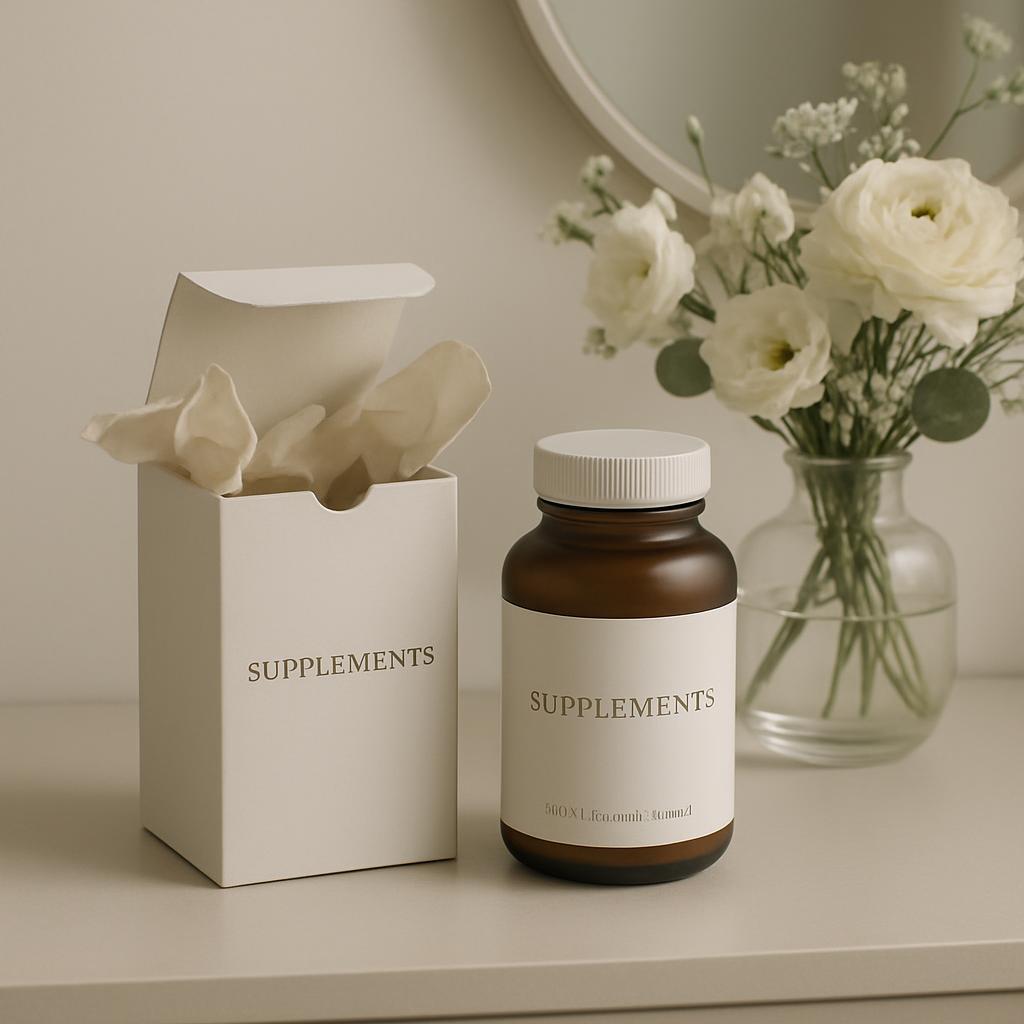 A box of supplements, a brown bottle containing supplements, and a small vase with white flowers.