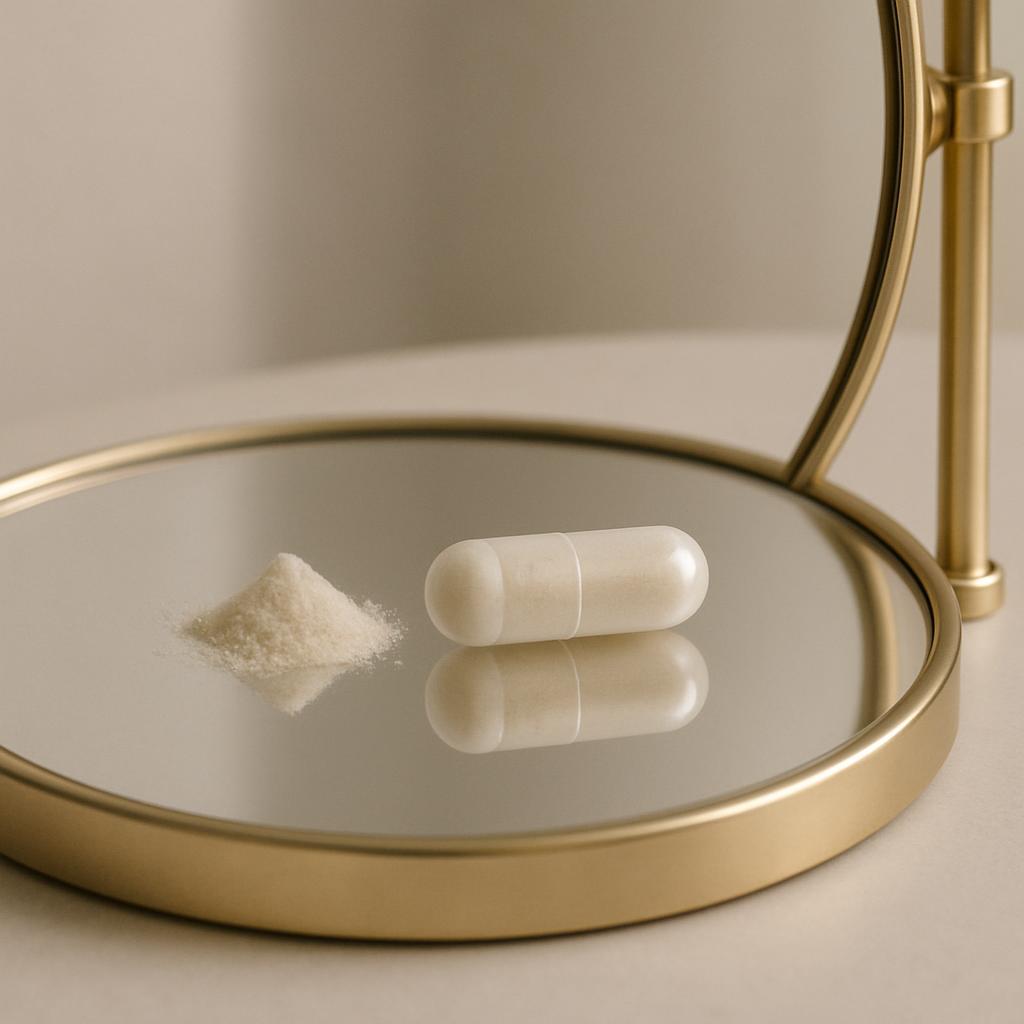The alt text for the image is: A pair of capsules and a pile of powder on a glass surface, facing a gold-framed mirror.